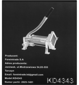 Etykieta informacyjna na opakowaniu krajalnicy KD4343 z danymi producenta
