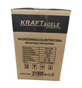 Opakowanie kartonowe nagrzewnicy elektrycznej KD11728 z nadrukowaną specyfikacją techniczną