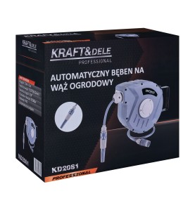 Zbliżenie na wąż ogrodowy z dyszą w bębnie automatycznym KD2081